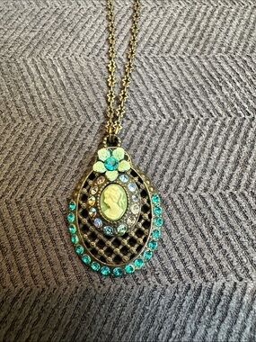 Michal Negrin Vintage Gold Tone Cameo Pendant Necklace with Teal Crystals